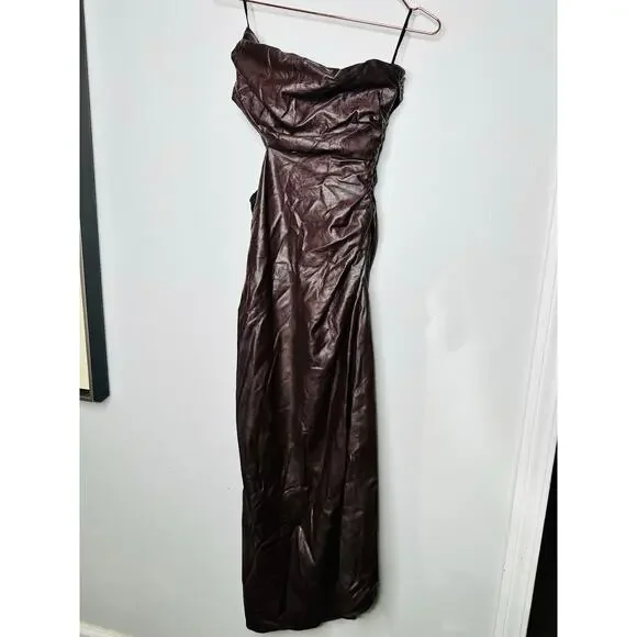 A.L.C. Brown Faux Leather Sleeveless Strapless Ruched Side Cutout Andie Dress 8 - Picture 5 of 16